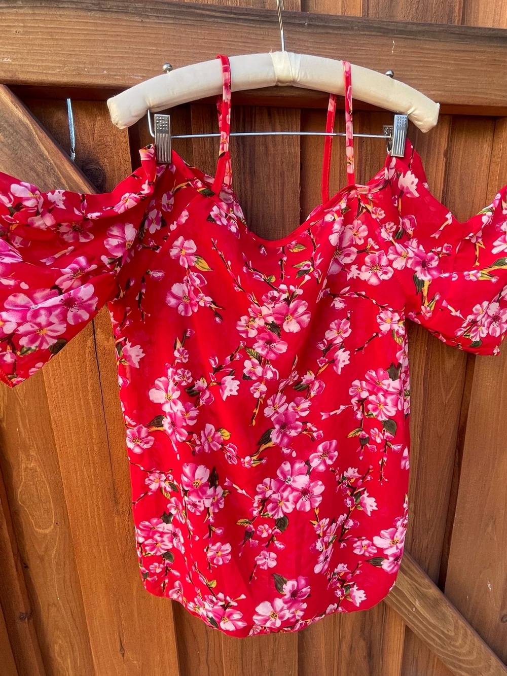 Floral Cherry Blossom Kawaii Cold-Shoulder Strap Off-Shoulder Sheer Top Layering